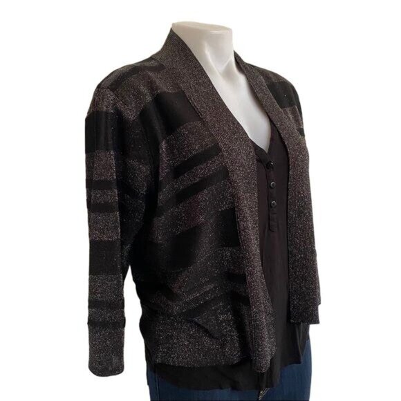 August Silk Black & Gray Metallic Striped 3/4 Sleeve Cardigan Sweater Size L - Picture 6 of 12